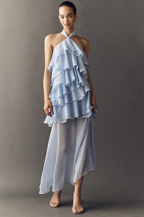 Elliatt Eliane Halter Ruffle Asymmetrical Maxi Dress