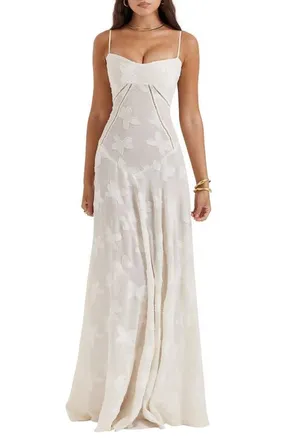 House of CB Seren Blush Sheer Lace-Up Back Gown in Vintage Cream at Nordstrom, Size X-Small A