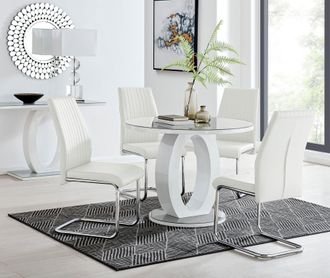 Furniturebox Giovani Round 4 Seat 100cm White High Gloss Unique Halo Base Grey Glass Top Dining Table 4 Soft Faux Leather Lorenzo Chairs