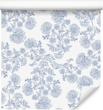 OEM Carta Da Parati Con Fiori Bianchi, Grigio Chiaro E Azzurri Per Soggiorno E Camera Da Letto 50x1000 Cm