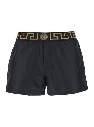 Versace Black Swimsuit Shorts With Greca Detail In Tech Fabric Man