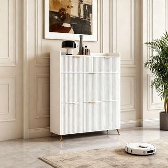 OEM Pocketpop Mueble Para Zapatos - 2 Puertas Abatibles Y 2 Cajones - Mueble De Entrada - 80 X 24 X 110 Cm - Blanco