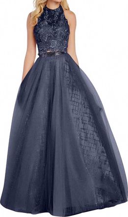 Alyce Paris Appliqued Illusion Halter Open Back Gown In Navy