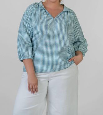 Finley Floaty Blouson-Sleeve Seersucker Top In Blue Green