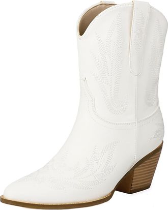 Generic Womens Chunky Heel Western Cowboy Boots Round Toe PU Leather Short Booties Pull on Embroidered Cowgirl Boots,Beige,4.5 UK