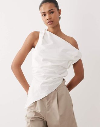 SNDYS Top asimmetrico in misto lino bianco con dettaglio arricciato