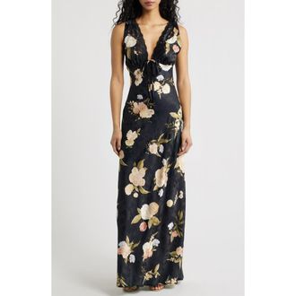 Lulus Judith Floral Jacquard Satin Slipdress in Black Floral at Nordstrom, Size X-Small