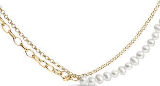 House of Brilliance 18K Yellow Gold Vermeil Cultured Pearl Strand Necklace with Rolo and Paperclip Chain