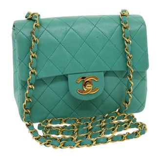 Chanel Square Classic Single Flap Quilted Lambskin Blue Leather Handbag (Pre-Owned)