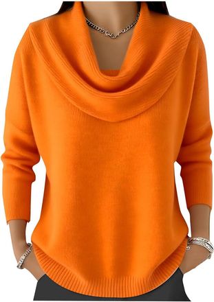 Generic Cowl Neck Jumpers for Women UK Cowl Neck Tops for Women Womens Chunky Knitted Jumper Soft Turtleneck Pullover Sweater Long Sleeve Casual Winter Warm K