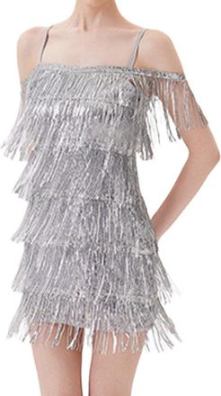 Generic Elegant Womens Fringe Sleeveless Party Gown with Sequin Tassel Hem Perfect Latin Dance Clubwear Performance Outfit for Stage Show and Special Events G