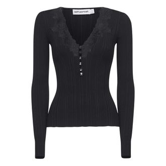 Self Portrait V-neck Knitwear, female, Black, Size: XS Black Sweater with Lace Trim
