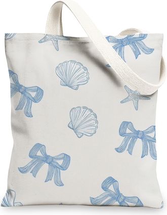 Generic Bow and Shell Canvas Tote Bag, Ocean Inspired Reusable Shopping Bag, Lightweight Beach Shoulder Bags 13x15 Inch