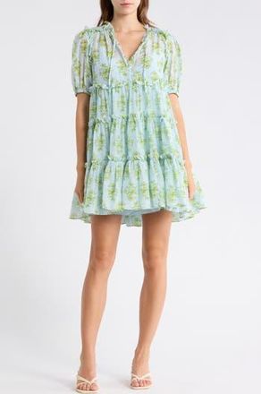 Cinq &agrave; Sept Papyrus Floral Madara Short Sleeve Minidress in Whispering Sky Multi at Nordstrom Rack, Size 12