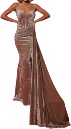 Johnathan Kayne Strapless V-Neck Draped Prom Gown In Sand