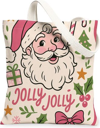 Generic Christmas Canvas Tote Bags, Festive Santa Design Reusable Bags, Vintage Washable Shoulder Strap Canvas for Travel Beach Pic, Beige, 13x15 Inch