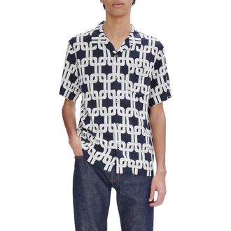 A.P.C. Lloyd Link Print Viscose & Linen Camp Shirt in Iak Dark Navy at Nordstrom Rack, Size X-Small