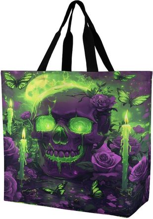Generic Skull Butterfly Moon Large Reusable Shopping Bag Lightweight Foldable Tote Bags Washable Shoulder Handbag
