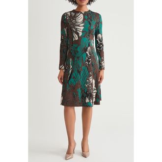 Ming Wang Floral Jacquard Long Sleeve Knit Dress in Everest/Dark Umber/Black at Nordstrom, Size Medium
