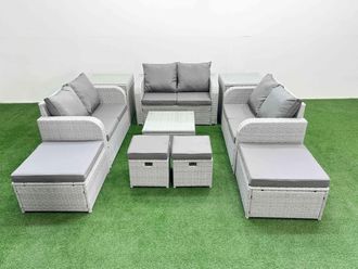 Fimous PE Rattan Love Sofa Set with Coffee Table 4 Footstools 2 Side Tables in Light Grey