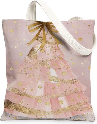 Generic Christmas Tree Peach Canvas Tote Bags, Elegant Glitter Design Reusable Grocery Bags, Vintage Lightweight Washable Shoulder, Peach, 13x15 Inch
