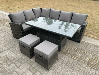 Fimous High Back Rattan Corner Sofa Sets Adjustable Rising Table 8 Seater in Dark Grey
