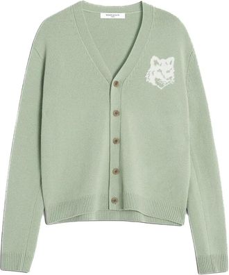 Maison Kitsun&eacute; Cardigan in lana merino con ricamo fox grande - Heren - Vesten - Groen - L - Wol - Truien & Vesten