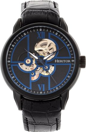 Heritor Sanford Semi-Skeleton Leather-Band Watch