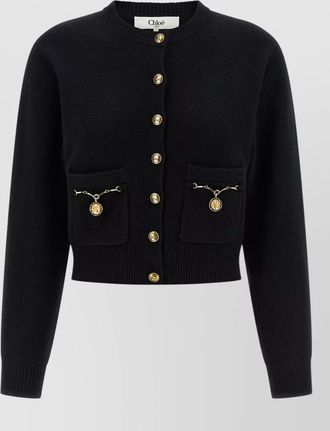 Chlo&eacute; horse medal knitted cardigan front pockets