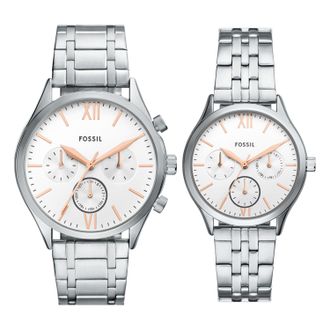 Fossil Mens Fenmore 44mm Multifunction Silver-Tone Bracelet Watch Set