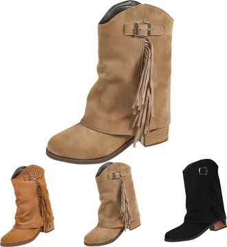 Generic Womens Fold Over Boots Pointed Toe Suede Fringe Mid Calf Boots Winter Slouchy Comfort Rouched Shoes Ladies Low Heel Non-Slip Rubber Pull On Shoes Khak