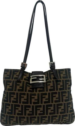 Fendi Black Brown Canvas Leather Shoulder Bag Tote Bag (Pre-Owned)