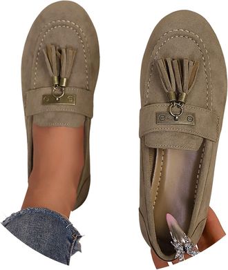 Generic Womens Loafers Tassel Suede Slip-Ons Shoes Fashionable Retro Outdoor Loafer Casual Dress Shoe for Women with Arch Support Work Flat Shoes (Khaki, 3.5)