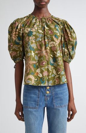 Ulla Johnson Coralie Embroidered Puff Sleeve Top in Lichen at Nordstrom, Size 8
