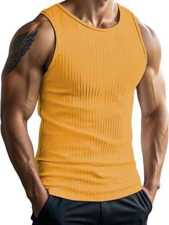 Generic Mens Cotton Tank Top Undershirt Slim Fit Lightweight Casual Sleeveless Undershirts Breathable Comfy Muscle Tank Top Yellow