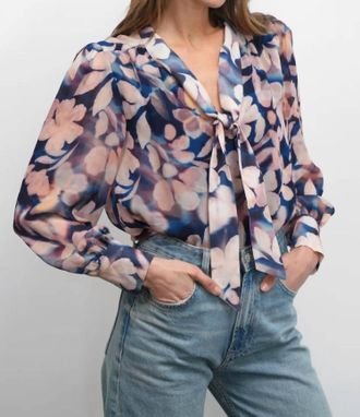 Greylin Rosabel Viscose Tie Neck Blouse In Navy Blush