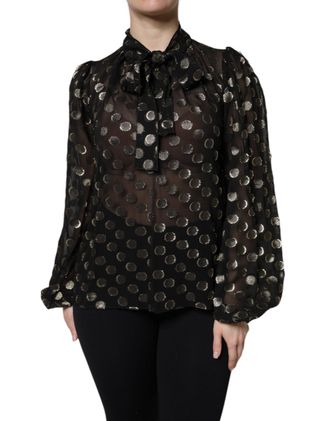 Dolce & Gabbana Womens Black Sheer Tied Neck Polka Dots Blouse Top Gold Silk Metallized Fiber