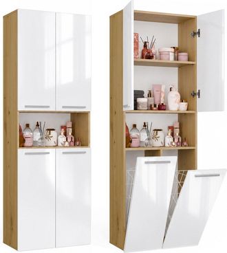 Topeshop Nel 2k Dk Mueble De Ba&ntilde;o - 3 Estantes, 2 Cesto De La Ropa - 60x174x30 Cm - Roble Artisan Blanco Brillante