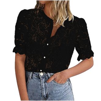 Generic Yolimok Womens Dressy Casual Lace Blouse, Short Sleeve Lace Blouses for Women,Short Sleeve Button Up Shirts Tops,Womens Lace Short Sleeve Tops,Dressy 