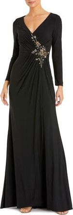 Mac Duggal Faux Wrap Long Sleeve Appliqué Detail Gown in Black at Nordstrom, Size 14