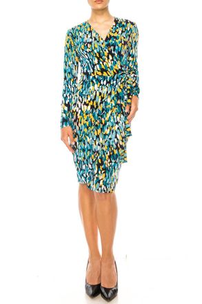 Maggy London Abstract Long Sleeve Wrap Dress In Black Oil Blue
