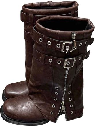Generic Ladies Fashion Mid Calf Boots Round Toe Chunky Sole Heel Zip Up Classic Casual Comfortable Footwear Winter(Brown, 4.5)