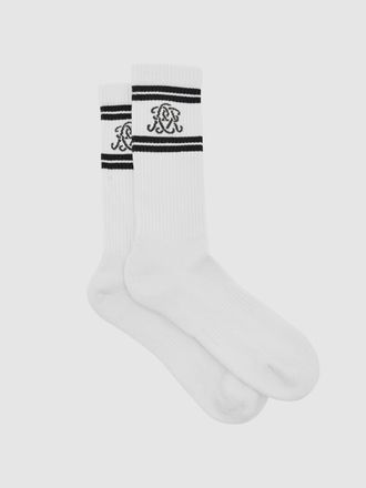 Reiss Ecru & chocolate Brown Monogram Cotton-blend Rib Sport Socks, S & M