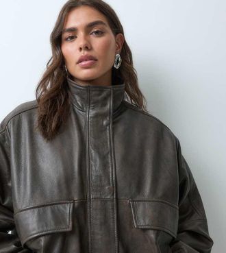 Asos Curve ASOS DESIGN Curve bomber in vera pelle oversize marrone slavato