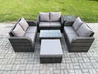 Fimous Outdoor Garden Furniture Sets 7 Seater Wicker Rattan Furniture Sofa Sets with Rectangular Coffee Table Love Sofa Big Footstool Side Table