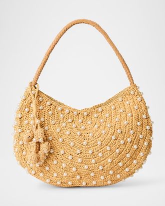 BTB Los Angeles Pia Small Beaded Woven Straw Hobo Bag