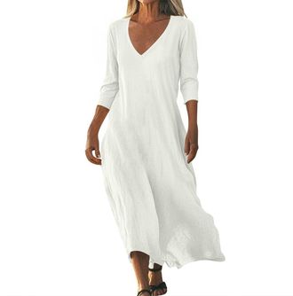 Generic Summer Beach Dresses for Women UK Linen Long White Dress Elegant Flowy Solid Color 3/4 Sleeve V Neck Cotton Maxi (White, L)