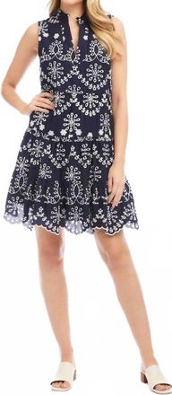 Karen Kane Sleeveless Eyelet Mini Dress In Navy With Off White