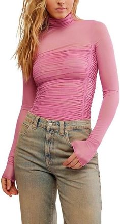 Free People Under It All Bodysuit Womens Pink Ruched Turtleneck DDR2575