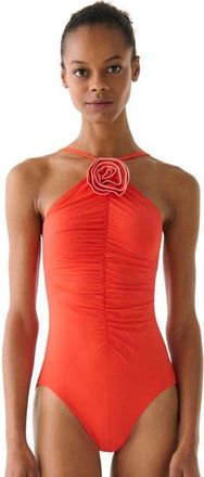 Kate Spade New York Contrast Rosette Solids High Neck One Piece Swimsuit in Goji Berry at Nordstrom, Size X-Large